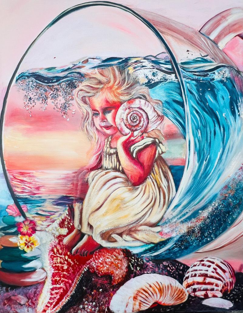A colorful fantasy artwork showing a seated girl with long blonde hair holding a seashell, surrounded by ocean waves, shells, rocks, and a pink sunset sky. The scene appears to be the product itself rather than a photo of a physical object in a room, so this fits Scenery.
